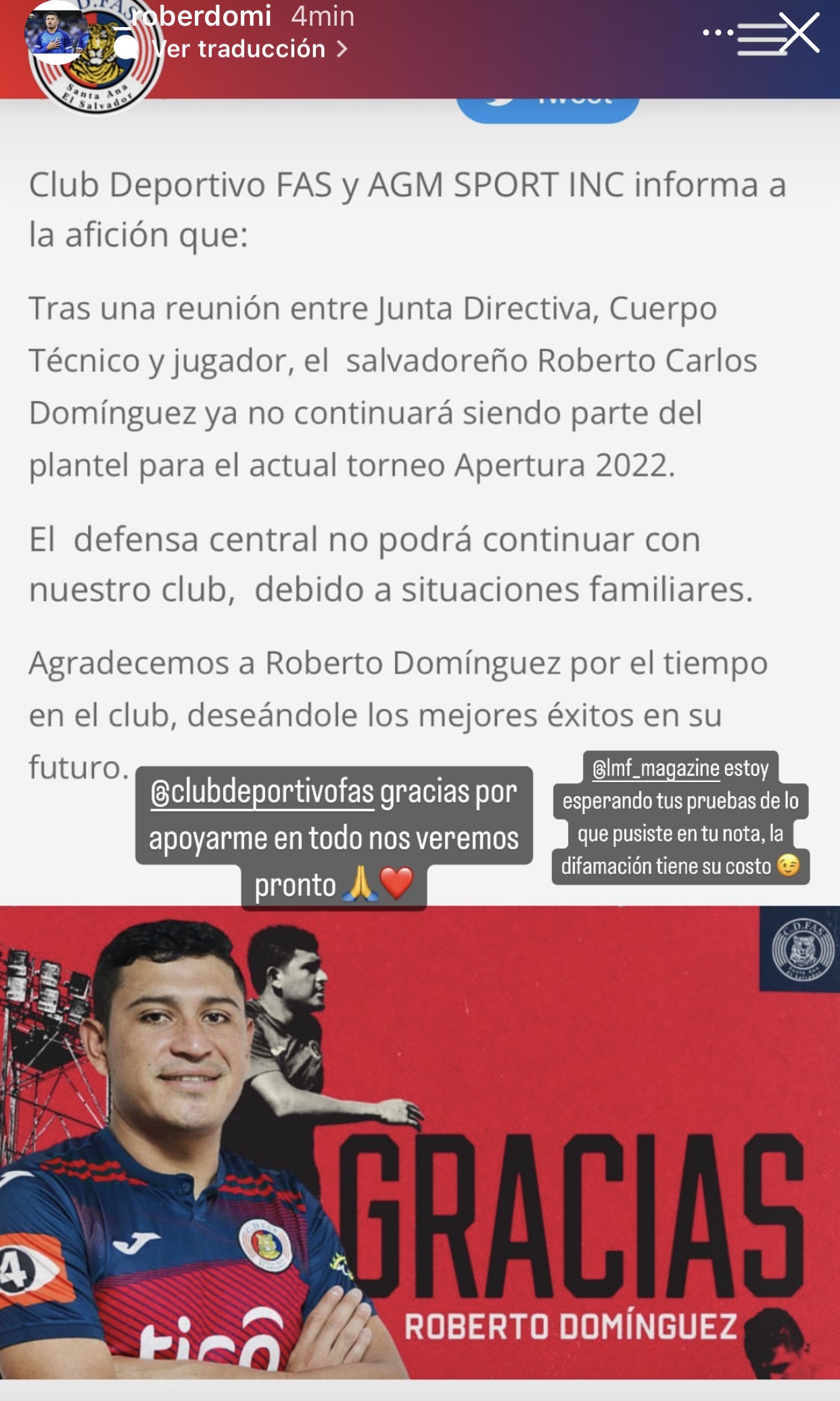 Imagen retomada de la cuenta de Instagram del jugador Roberto Domínguez a través de sus historias.